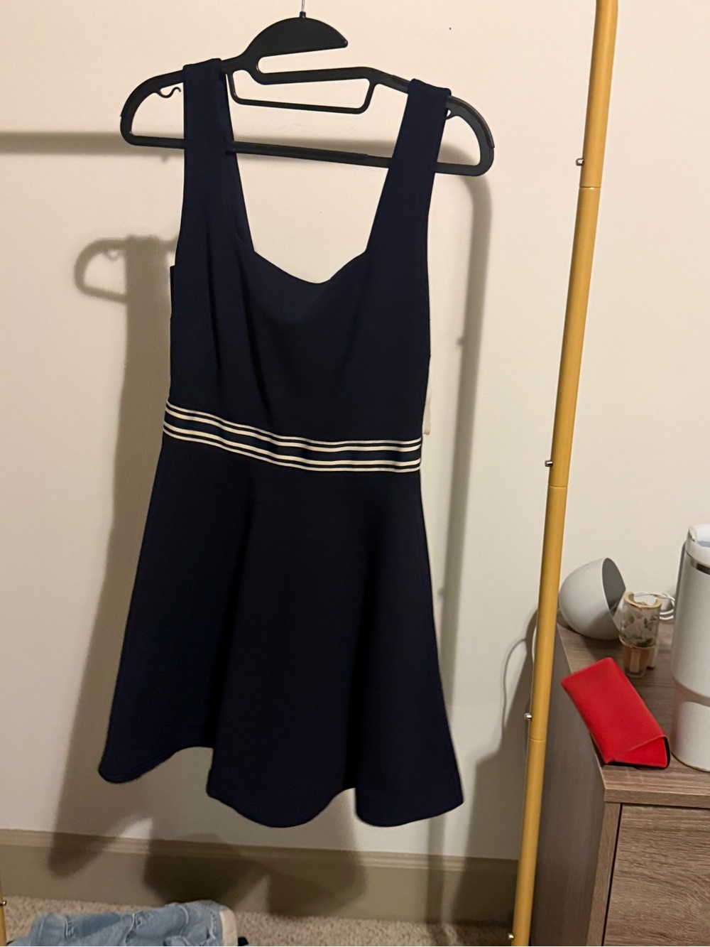 Sleeveless Navy Fit-and-Flare Dress with Contrast Waistband